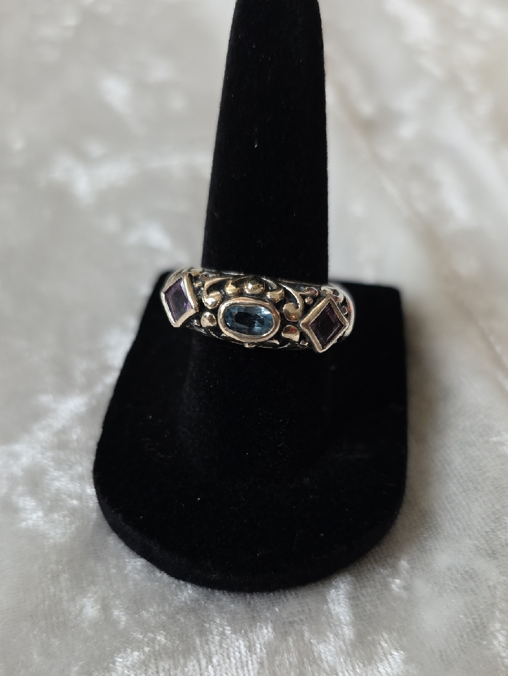 Sterling Silver Blue Topaz and Amethyst Feminine Accent Ring